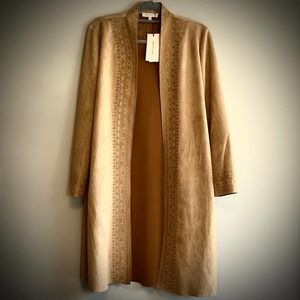 Solitaire Embroidered Faux Suede Open Front Coat Size M